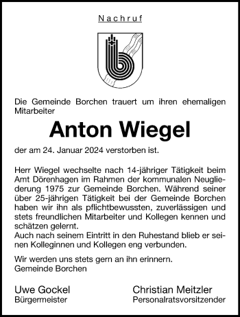 Traueranzeige von Anton Wiegel von Westfalen Blatt