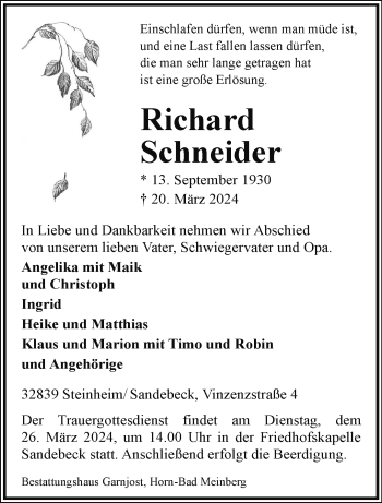 Traueranzeige von Richard Schneider von Westfalen Blatt