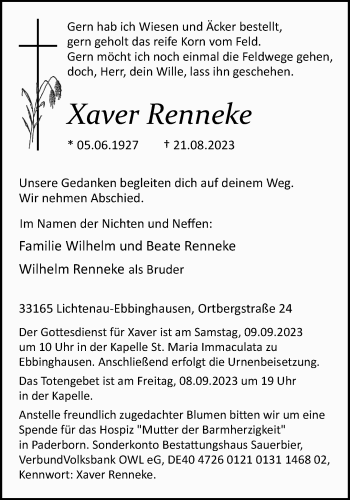 Traueranzeige von Xaver Renneke von Westfalen Blatt