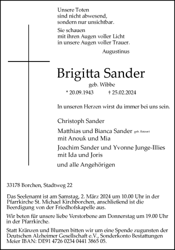 Traueranzeige von Brigitta Sander von Westfalen Blatt