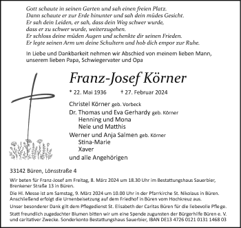 Traueranzeige von Franz-Josef Körner von Westfalen Blatt