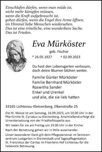 Traueranzeige von Eva Mürköster von Westfalen Blatt