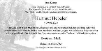 Traueranzeige von Hartmut Hebeler von Westfalen Blatt