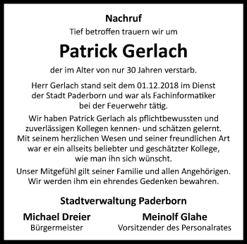 Traueranzeige von Patrick Gerlach von Westfalen Blatt