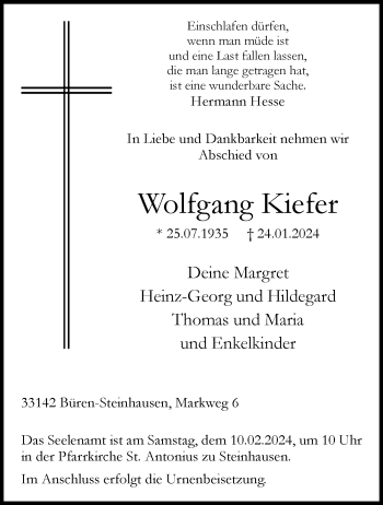 Traueranzeige von Wolfgang Kiefer von Westfalen Blatt