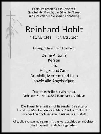 Traueranzeige von Reinhard Hohlt von Westfalen Blatt