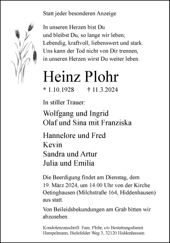 Traueranzeige von Heinz Plohr von Westfalen Blatt