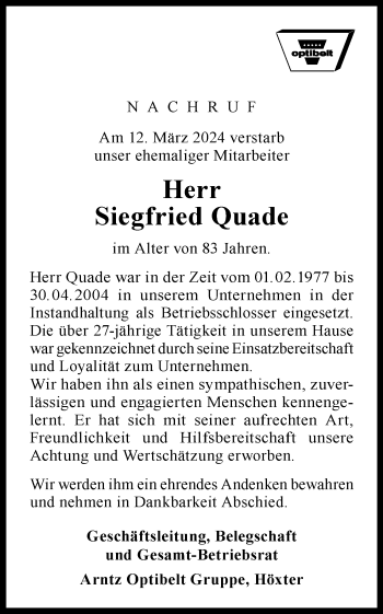 Traueranzeige von Siegfried Quade von Westfalen Blatt