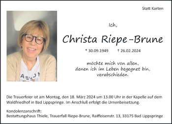 Traueranzeige von Christa Riepe-Brune von Westfalen Blatt