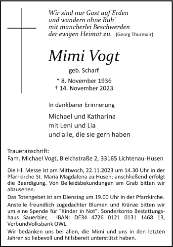 Traueranzeige von Mimi Vogt von Westfalen Blatt