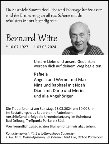 Traueranzeige von Bernard Witte von Westfalen Blatt