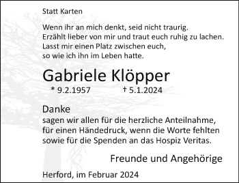 Traueranzeige von Gabriele Klöpper von Westfalen Blatt