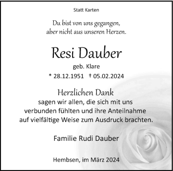 Traueranzeige von Resi Dauber von Westfalen Blatt