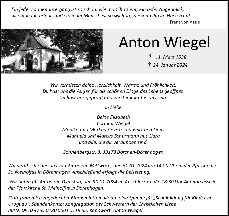  Traueranzeige für Anton Wiegel vom 27.01.2024 aus Westfalen Blatt