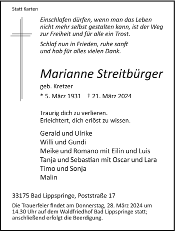 Traueranzeige von Marianne Streitbürger von Westfalen Blatt