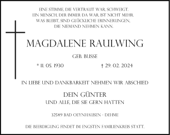 Traueranzeige von Magdalene Raulwing von Westfalen Blatt