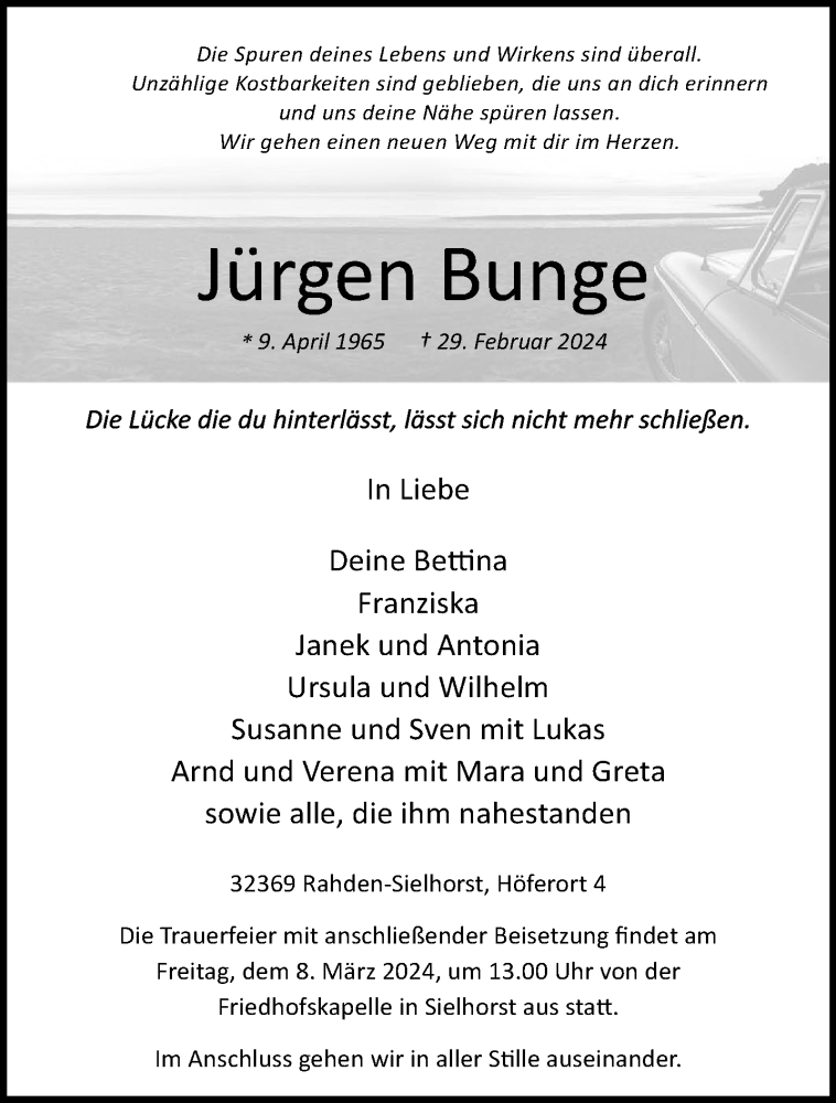  Traueranzeige für Jürgen Bunge vom 05.03.2024 aus Westfalen Blatt