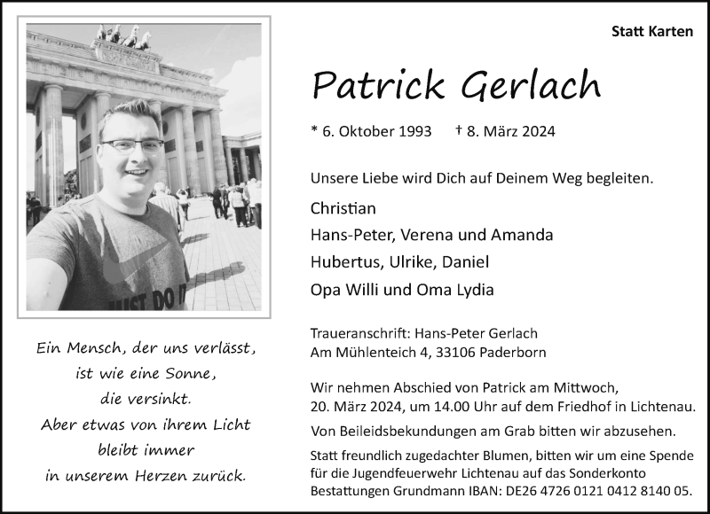  Traueranzeige für Patrick Gerlach vom 13.03.2024 aus Westfalen Blatt