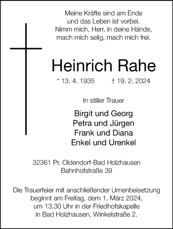 Traueranzeige von Heinrich Rahe von Westfalen Blatt