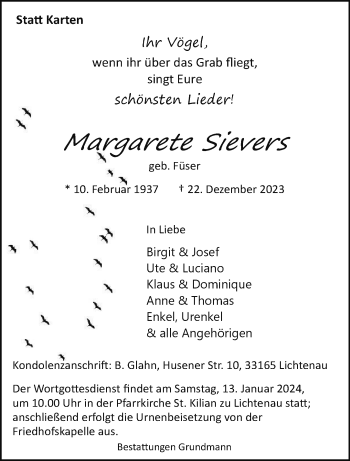 Traueranzeige von Margarete Sievers von Westfalen Blatt