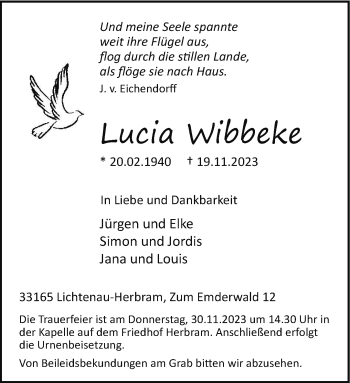 Traueranzeige von Lucia Wibbeke von Westfalen Blatt