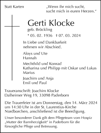 Traueranzeige von Gerti Klocke von Westfalen Blatt