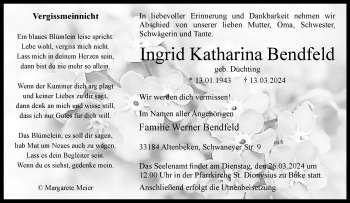 Traueranzeige von Ingrid Katharina Bendfeld von Westfalen Blatt