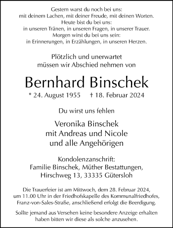 Traueranzeige von Bernhard Binschek von Westfalen Blatt