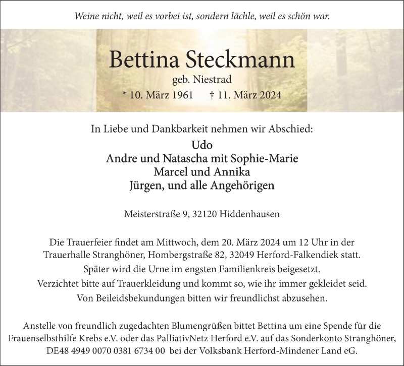  Traueranzeige für Bettina Steckmann vom 16.03.2024 aus Westfalen Blatt