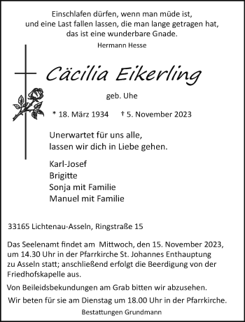 Traueranzeige von Cäcilia Eikerling von Westfalen Blatt