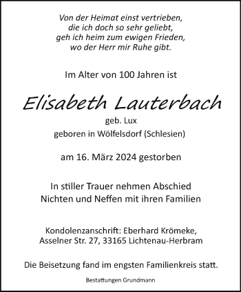 Traueranzeige von Elisabeth Lauterbach von Westfalen Blatt