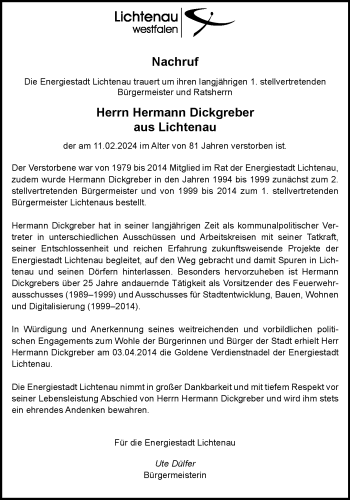 Traueranzeige von Hermann Dickgreber von Westfalen Blatt