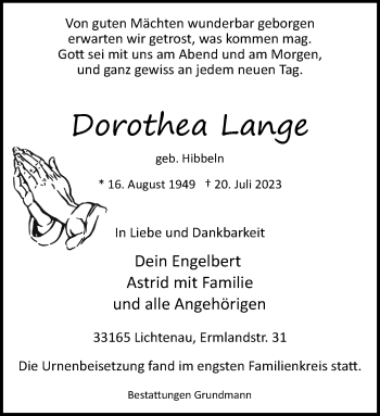 Traueranzeige von Dorothea Lange von Westfalen Blatt