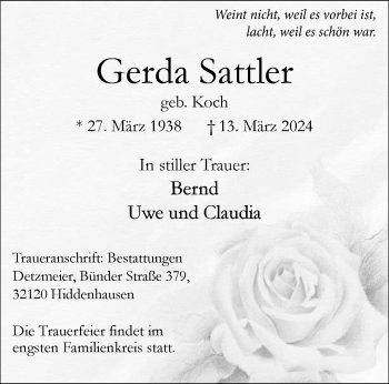 Traueranzeige von Gerda Sattler von Westfalen Blatt