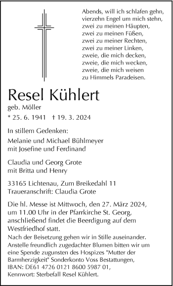 Traueranzeige von Resel Kühlert von Westfalen Blatt