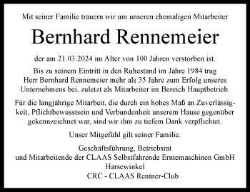 Traueranzeige von Bernhard Rennemeier von Westfalen Blatt