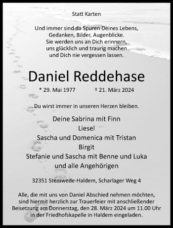 Traueranzeige von Daniel Reddehase von Westfalen Blatt