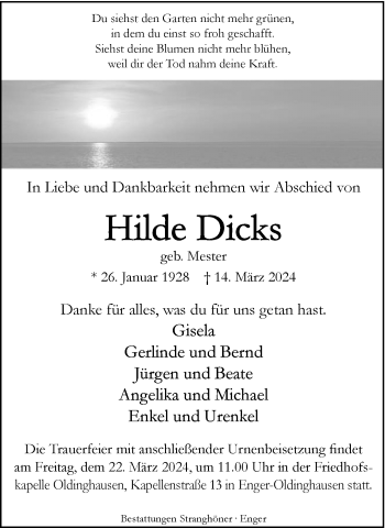 Traueranzeige von Hilde Dicks von Westfalen Blatt