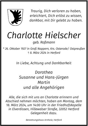 Traueranzeige von Charlotte Hielscher von Westfalen Blatt