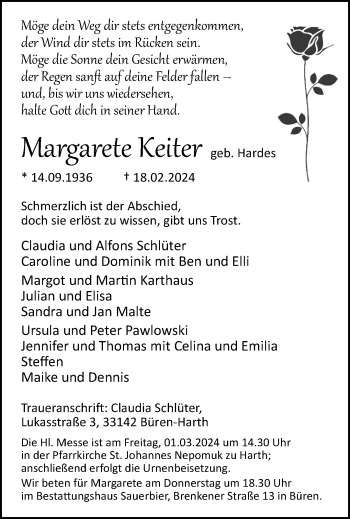 Traueranzeige von Margarete Keiter von Westfalen Blatt