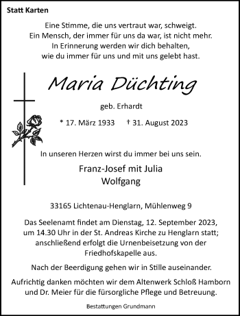 Traueranzeige von Maria Düchting von Westfalen Blatt