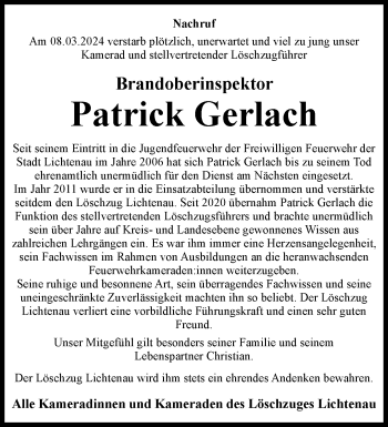 Traueranzeige von Patrick Gerlach von Westfalen Blatt