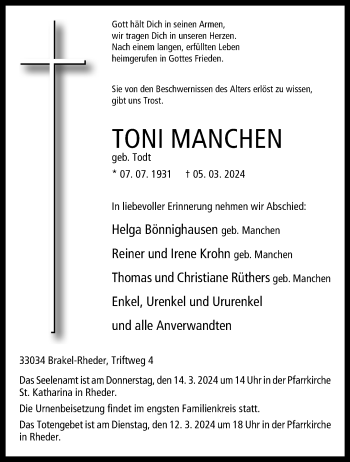 Traueranzeige von Toni Manchen von Westfalen Blatt