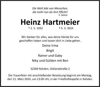 Traueranzeige von Heinz Hartmeier von Westfalen Blatt