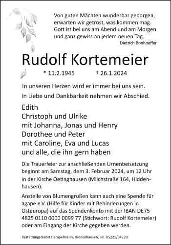 Traueranzeige von Rudolf Kortemeier von Westfalen Blatt