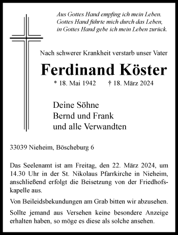 Traueranzeige von Ferdinand Köster von Westfalen Blatt