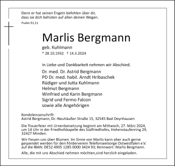 Traueranzeige von Marlis Bergmann von Westfalen Blatt