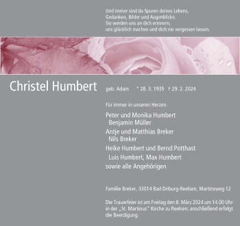 Traueranzeige von Christel Humbert von Westfalen Blatt