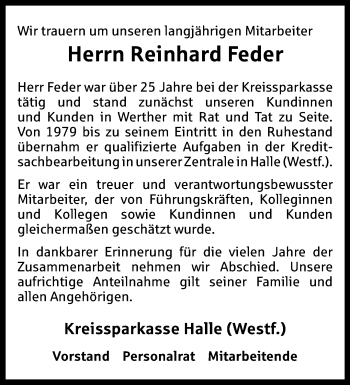 Traueranzeige von Reinhard Feder von Westfalen Blatt