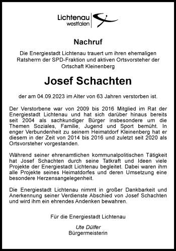 Traueranzeige von Josef Schachten von Westfalen Blatt